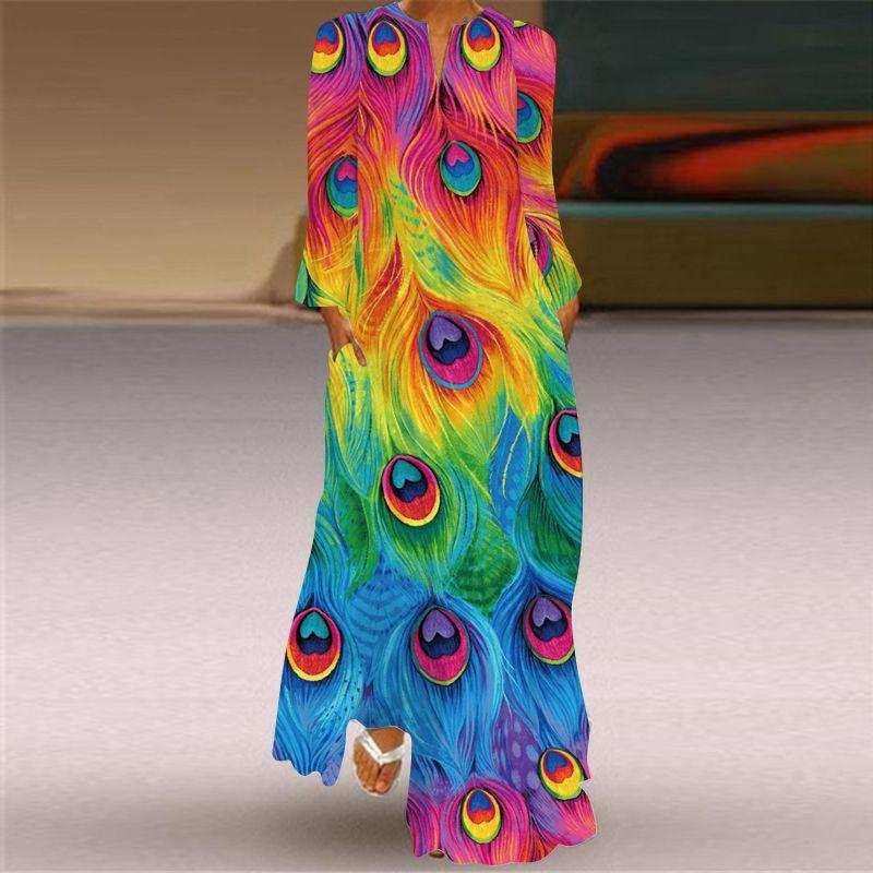 Fashion Style Spring and Summer Fashion New Women's Retro Butterfly Print Long Dress Export V Neck Long Sleeves Pocket Dress