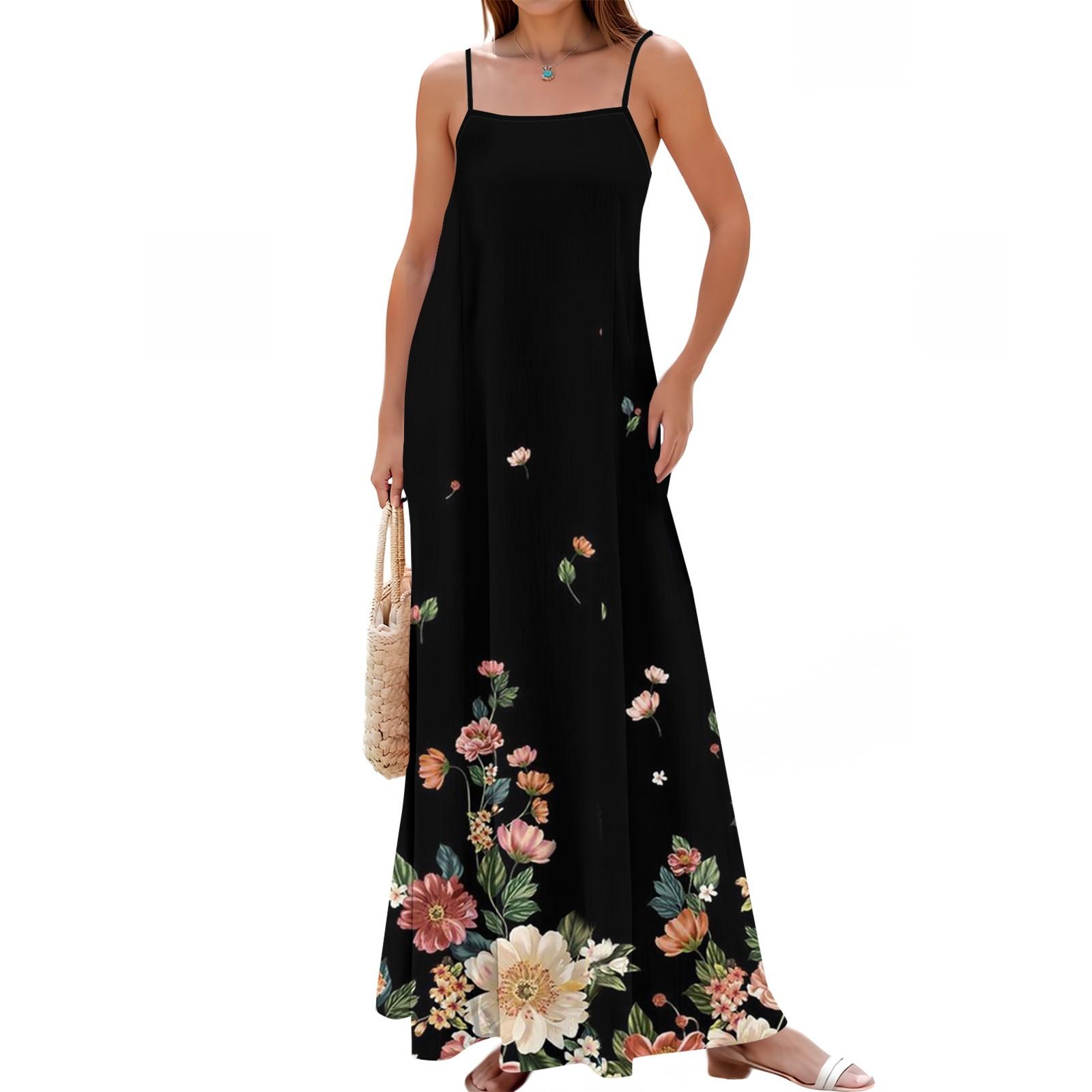 

Женское летнее повседневное модное регулируемое длинное платье с принтом на подтяжках M чёрный