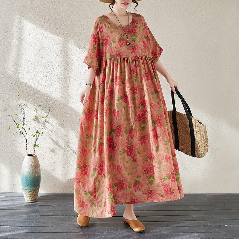 

Новые платья из хлопка с короткими рукавами больших размеров и цветочным принтом для женщин, повседневные свободные длинные летние платья