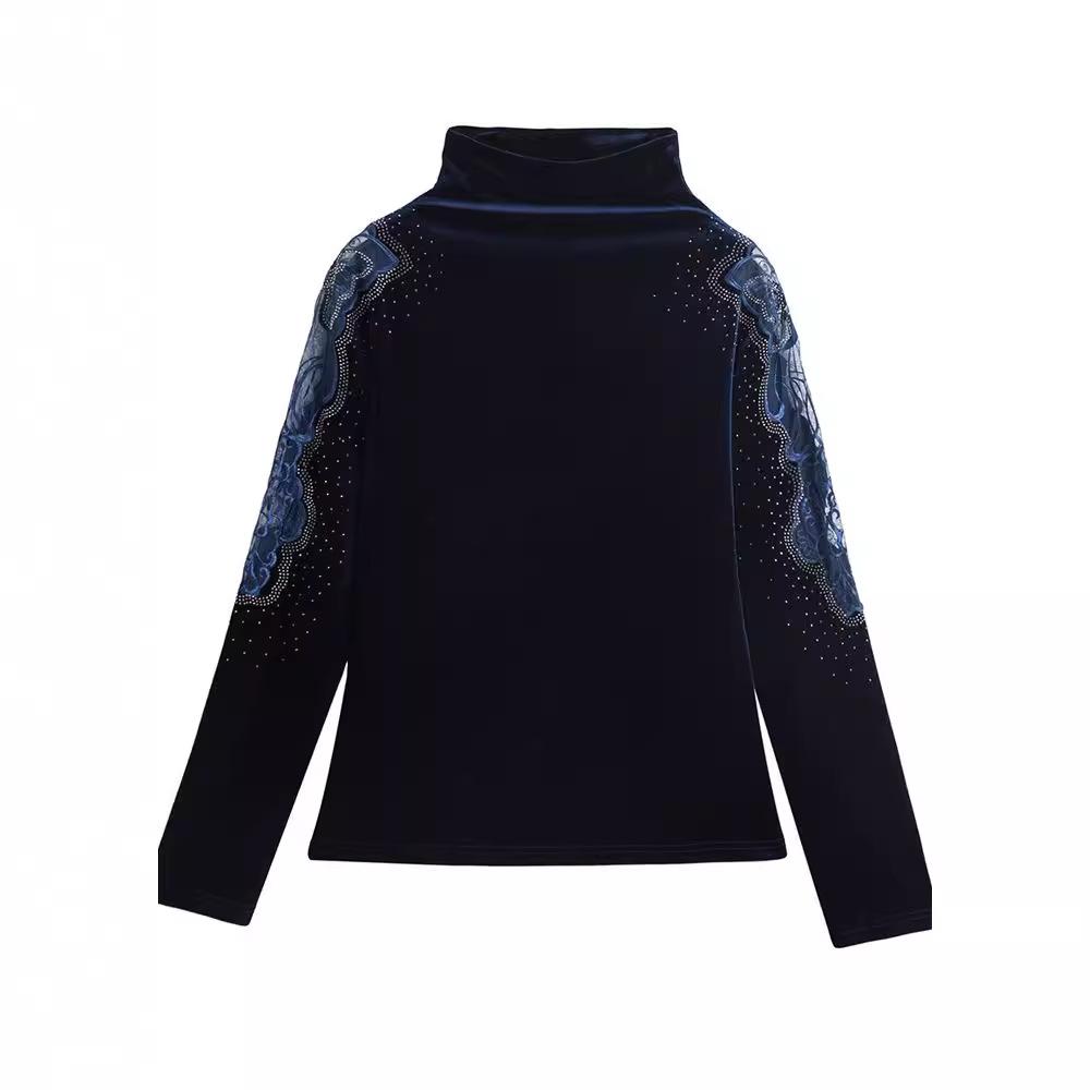 

Autumn New Style Fashionable New Style Fashionable Versatile Turtleneck Lace Velvet Iron Diamond Long Sleeve Base Shirt for Women M синій