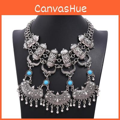 Ethnic Style Carved Flower Design Simulation Gemstone Decoration Women Necklace For Casual Boho Look