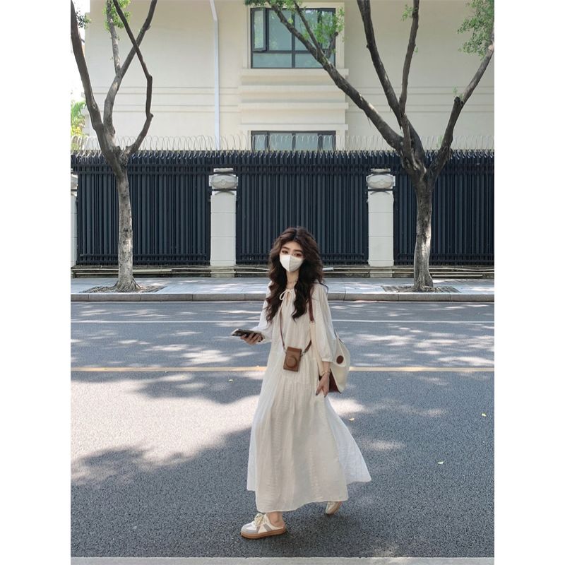 Kumikumi French style Heavy Industry Embroidery Lace-up Long sleeve dress Women Autumn New Age-Reducing Loose Slimming Long dress