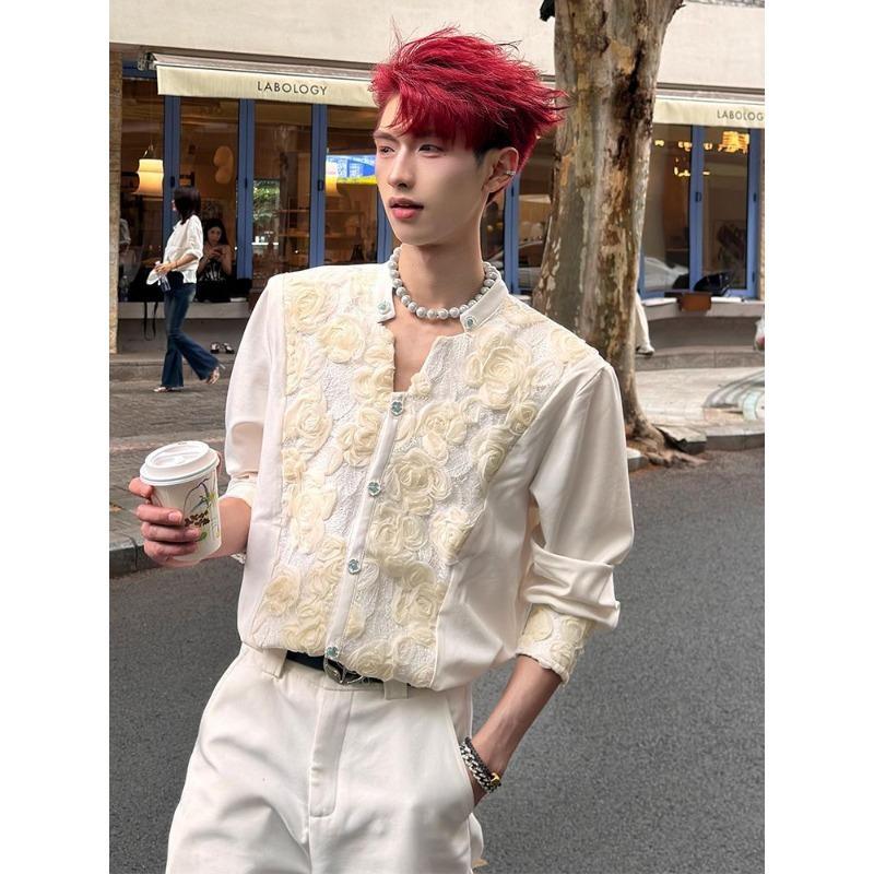 Men's Cream Stand Collar Long-Sleeve Shirt with Rose Embroidery Decorative Buttons