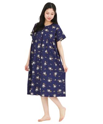 SAZAC Kuromi Cotton Dress, 100% Broadcloth, Button-Front, Women's Nightgown/Loungewear (Navy/M-L/SAN1903)