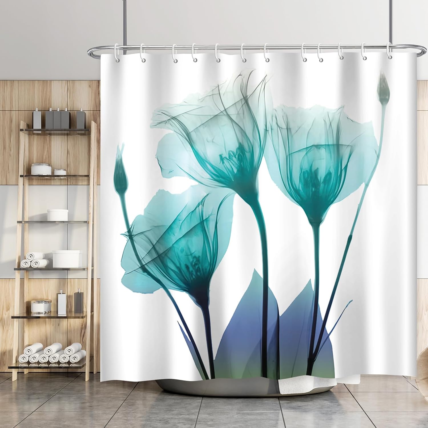 

Teal Floral Shower Curtain – Turquoise Tulip Design, Elegant Modern Bathroom Decor 12Pcs Hooks 71X71Inch W60H190(CM)-1 Pcs