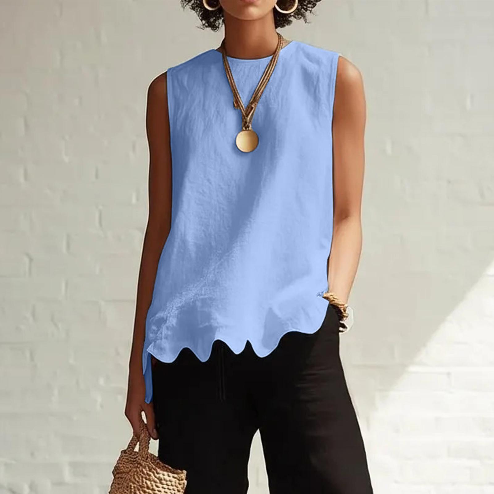 

Women Sleeveless Casual Shirt Round Neck Elegant Minimalist Wave Hem Blouse Lightweight Soft Fabric Comfortable Fit XXL