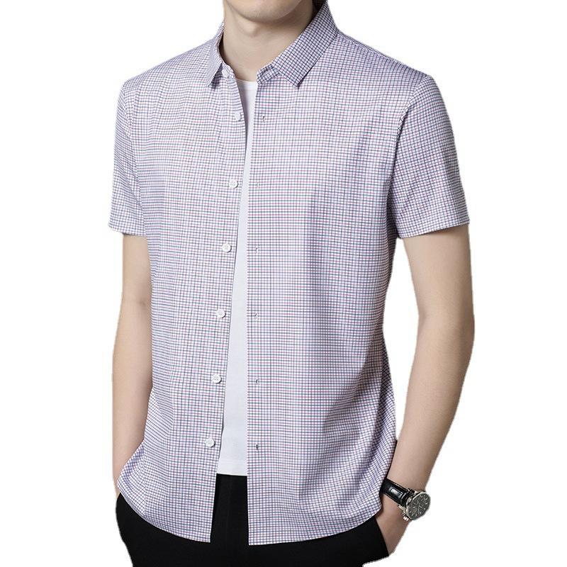 Summer Middle-aged Men's Short-sleeved Shirt Mulberry Silk Fashion Plaid Thin Poio Shirt Casual Shirt
