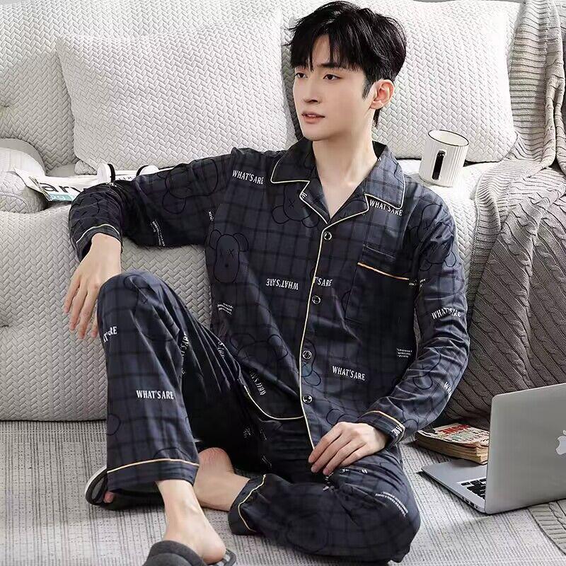 Korean Style Cotton Pajama Set with Checkered Pattern and Pocket - Long Sleeve, Full Length for Spring & Autumn