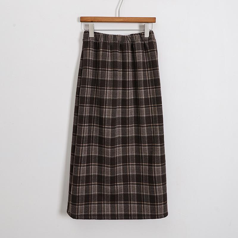 2024 Retro Plaid Fleece-Lined Wool Midi Skirt with High Waist & Back Slit
