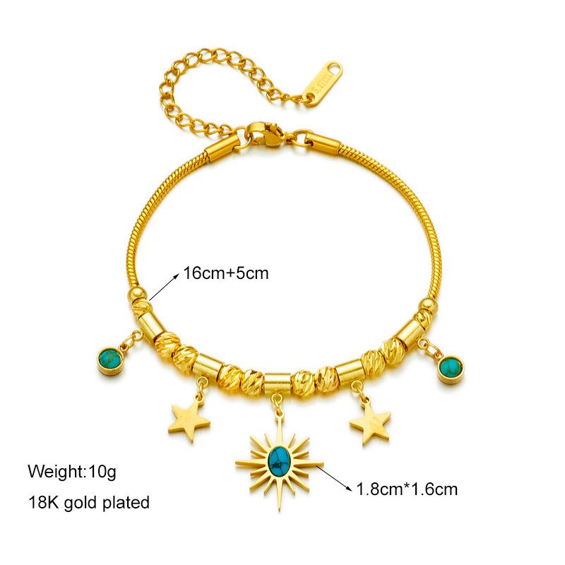 [Titanium Steel Colorfast Geometric Turquoise Oval Sun Star Pendant Charm Bracelet]