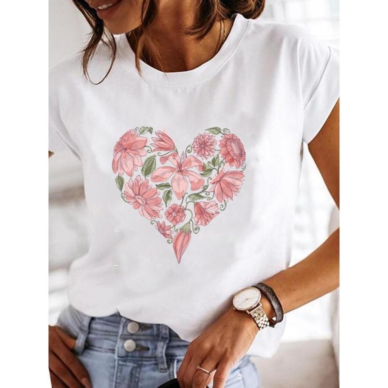 Spring Summer Women's Clothing Love Flower Plant Printed Casual Simple Trendy Top Round Neck Pure Cotton Short Sleeved T-Shirts Women’s