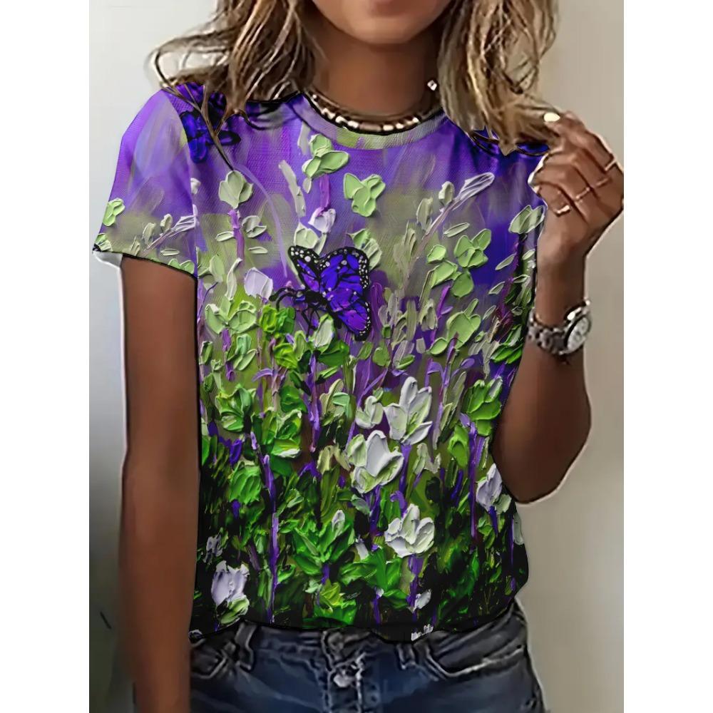 New women's 3D printed round neck pullover short sleeved loose casual comfortable T-shirt flower pattern versatile women's T-shirt