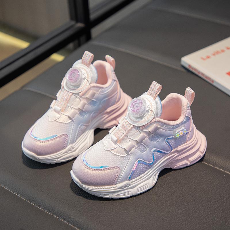 Girls shoes 2025 new spring and autumn children's sports shoes girls rotating buttons medium and older children's casual soft-soled dad shoes