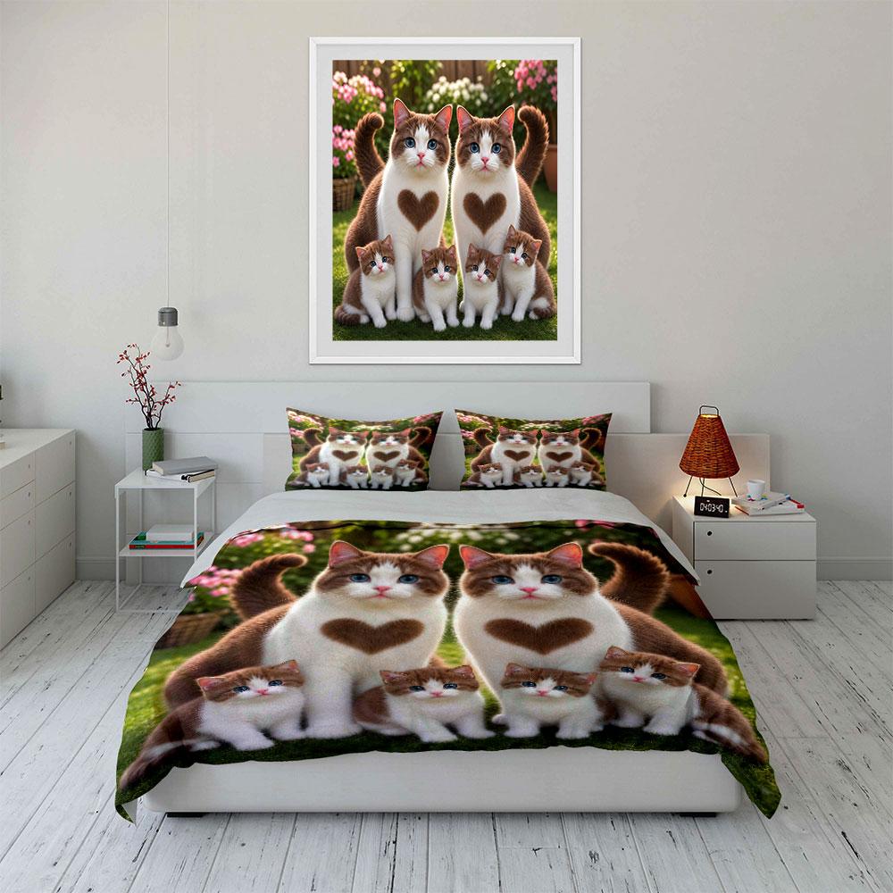 Heart Pattern Cat Family Print Bedding Duvet Cover Set  (1*Duvet Cover 2*Pillowcases, Without Duvet Insert)