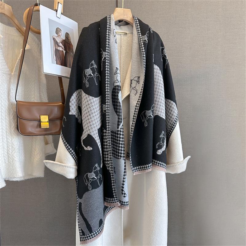 

Women Winter Scarf Cashmere Pashmina Shawls and Wraps Bufandas Horse Print Warm Thick Scarves Blanket for Lady Luxury 65x180cm