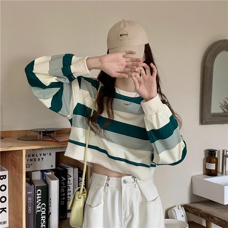 Women's Striped Contrast Color Long-Sleeve T-Shirt, Round Neck, Trendy Autumn/Winter Style for Female Students