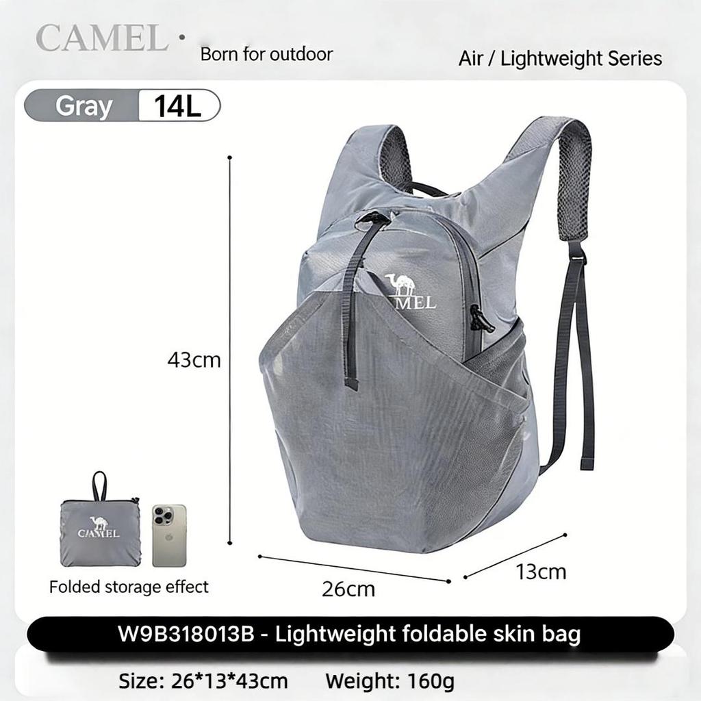 CAMEL Outdoor Backpack, Sport Backpack, Lightweight Foldable Hiking Bag, W9B318013B, Gray, 26*13*43cm