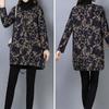 Autumn Winter Turtleneck Vintage Printed Thick T-shirt Women's Clothing Fashion Long Sleeve Loose Midi Tops Pullovers Female