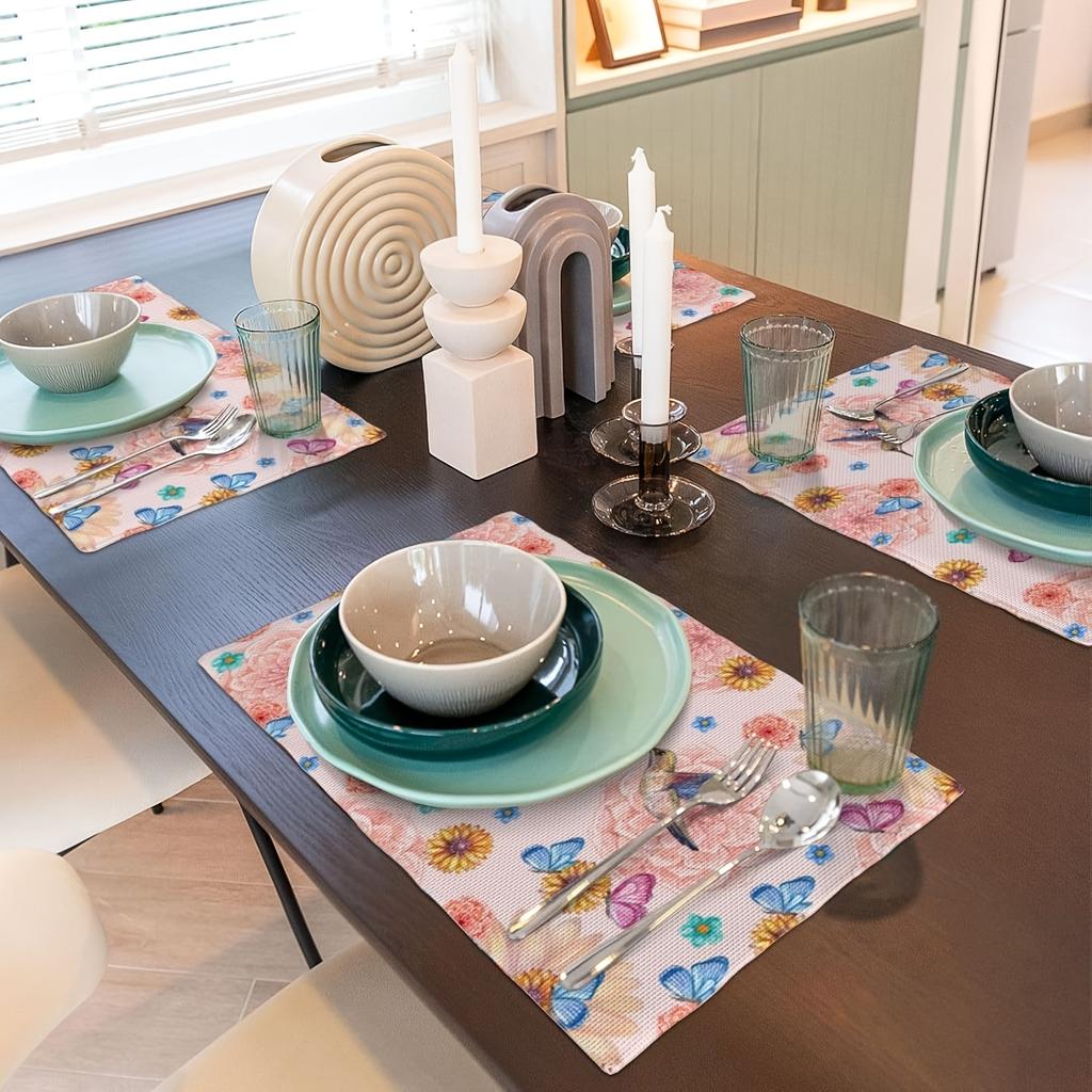 4pcs Spring Floral Birds Placemats Set of 4, Lovely Humming Birds Pink Floral Butterfly Watercolor Dining Room Kitchen Tabletop Place Mats