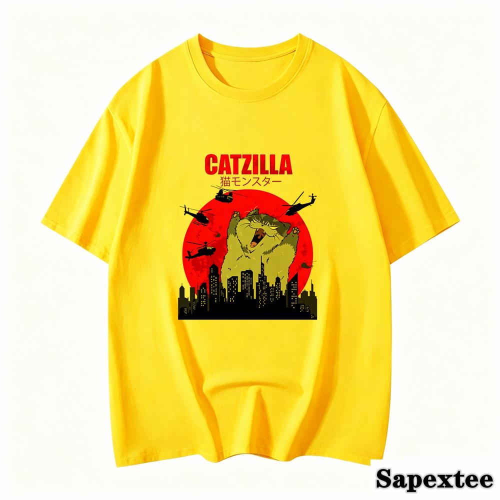 Funny Cute Art Japanese Cat Graphic for Cat Lover Catzilla Tshirts Oneck Unisex Clothing Streetwear Short Sleeve T Shirt Clothes