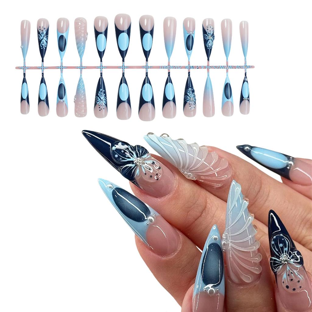 1 Set Almond False Nails Full Cover Stick on Nails 3D Flower Press On Nails French Artificial Nails Manicures Supplies