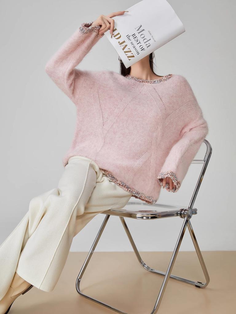 Autumn and winter new Korean version women's clothing Xiaoxiangfeng knitted sweater lazy style pink temperament round neck pullover women's top