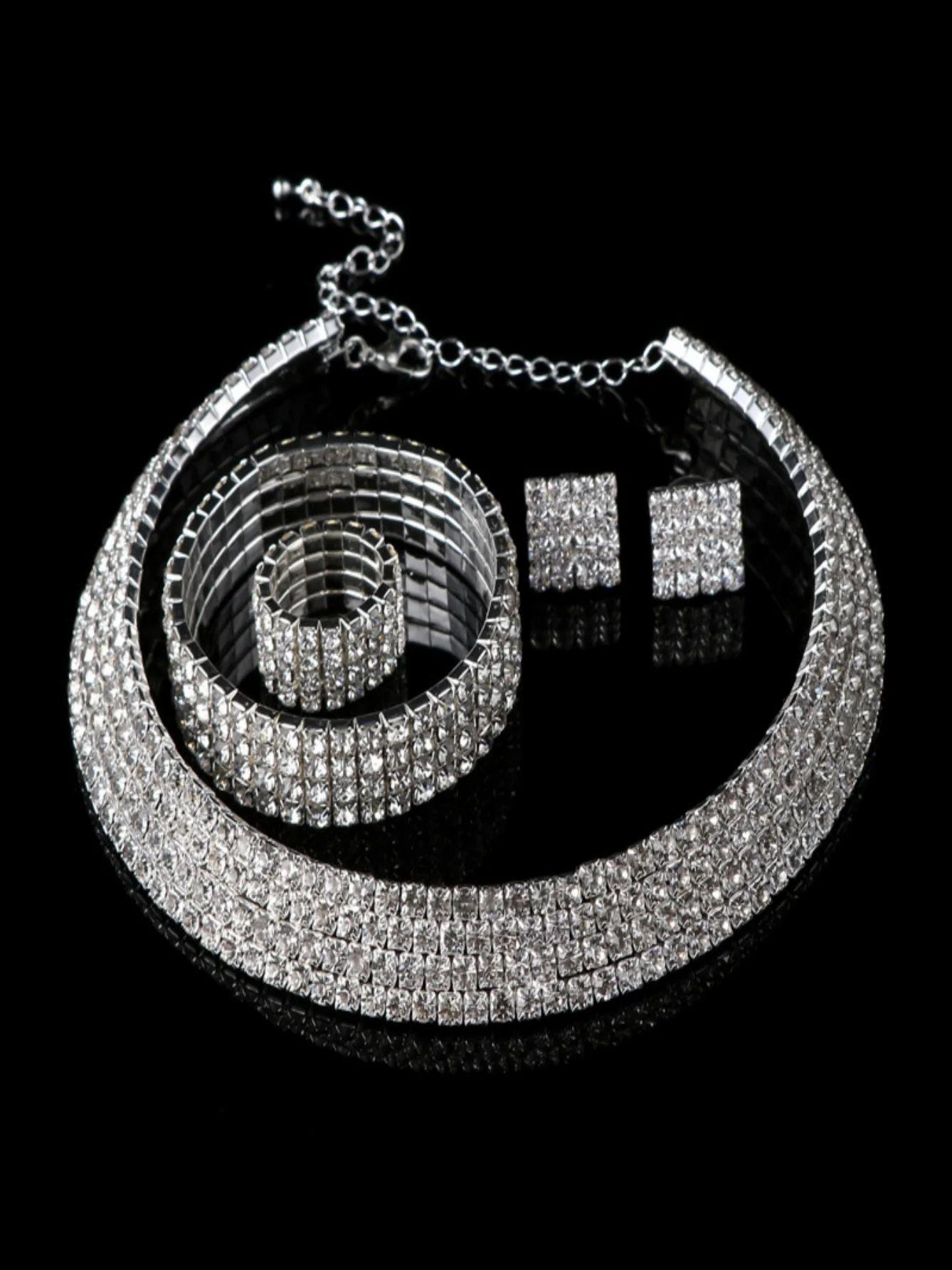 

European and American luxury full diamond collar necklace bracelet earring ring set bridal accessories wedding dress accessories Silver&7&45cm