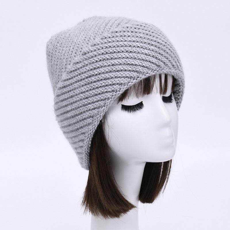 Oblique striped hat women's solid color rabbit velvet wool hat soft waxy casual versatile knitted hat warm autumn and winter fashion windproof