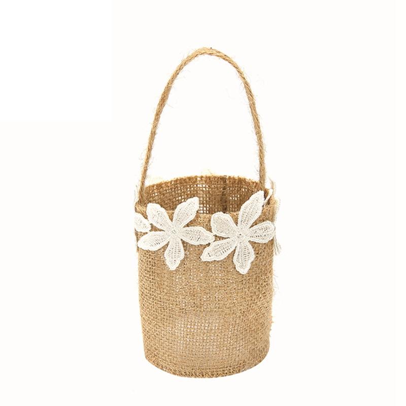 Wedding Lace Burlap Flower Basket Linen Handle Vintage Rustic Wedding Ceremony Table Decoration Baby Shower Party Candy Gift Bag
