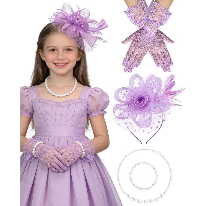 Girls Tea Party Fascinators Hats Lace Gloves Pearl Necklace Set for Wedding 1920s Tea Party Accessories