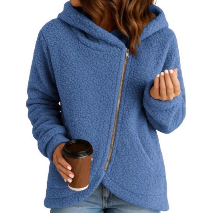 Fuzzy Hooded Sherpa Coat Womens Fleece Jacket Long Sleeve Oblique Zip Up Fall Winter Outerwear With Pockets