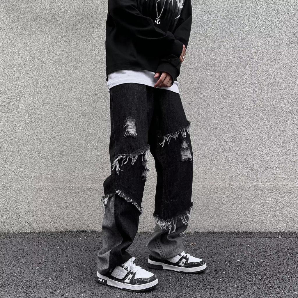 Men's European-Style Black Tassel Jeans - Trendy, Skinny Fit, Elastic, Raw Edge, Korean Fashion.