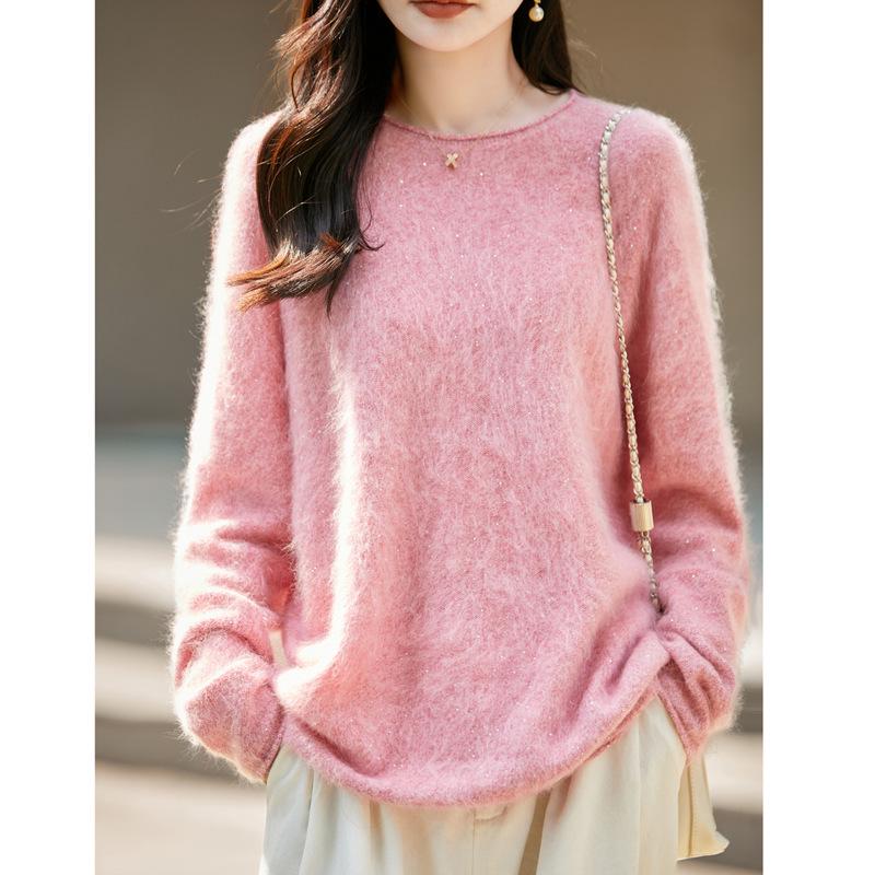 Women's Plus Size Korean Style Marled Yarn Cashmere Wool Sweater - Loose Fit, Brushed, Round Neck