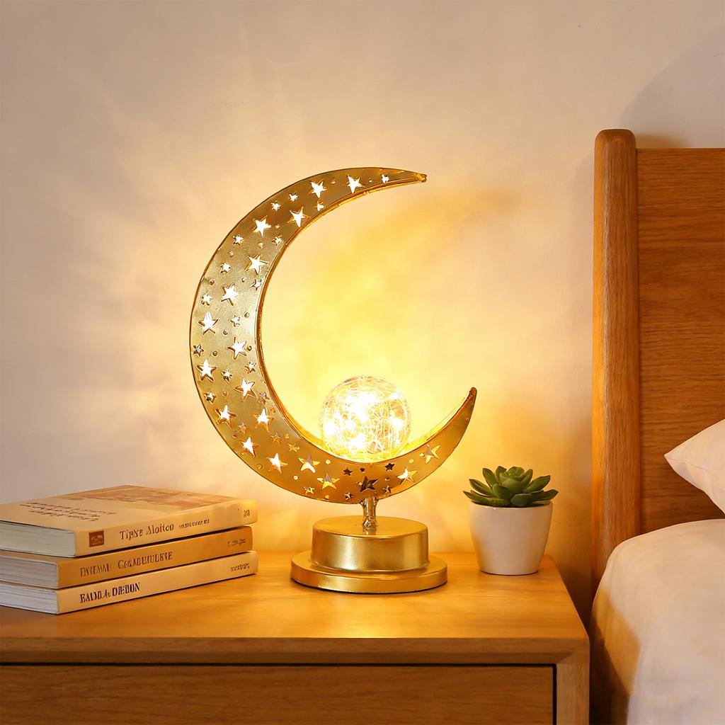 LED Star And Moon Wrought Iron Hollow Desktop Decor Lamp
