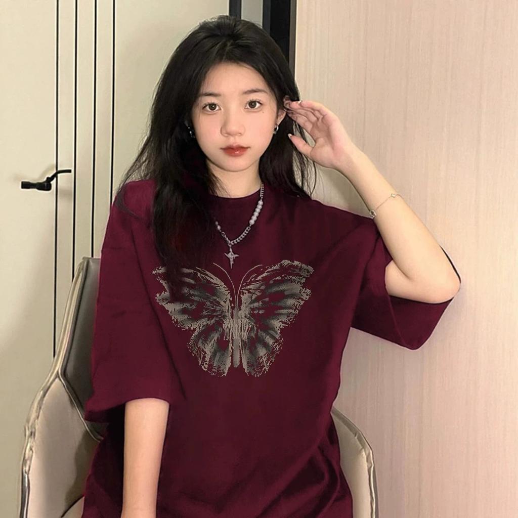 American retro t-shirt women's short-sleeved summer new burgundy chic loose half-sleeved t-shirt chic top