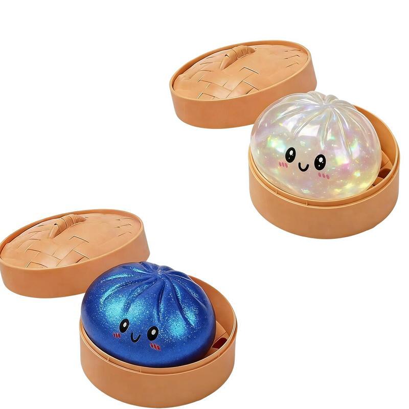 Glitter Dumplings Stress Relief Toy Cute Steamed Bun Squishy Toy with Steamer Box Fidget Toy Soft Slow Resilience Stress Relief Sensory Squeeze Toy