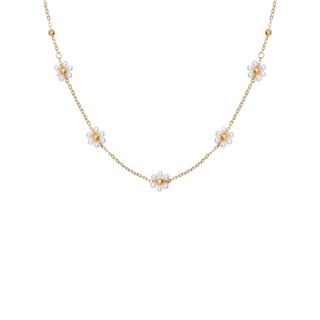 Adjustable Blossoms Necklace With Imitation Pearls Detail Sturdy Copper Chain For Casual Or Formal