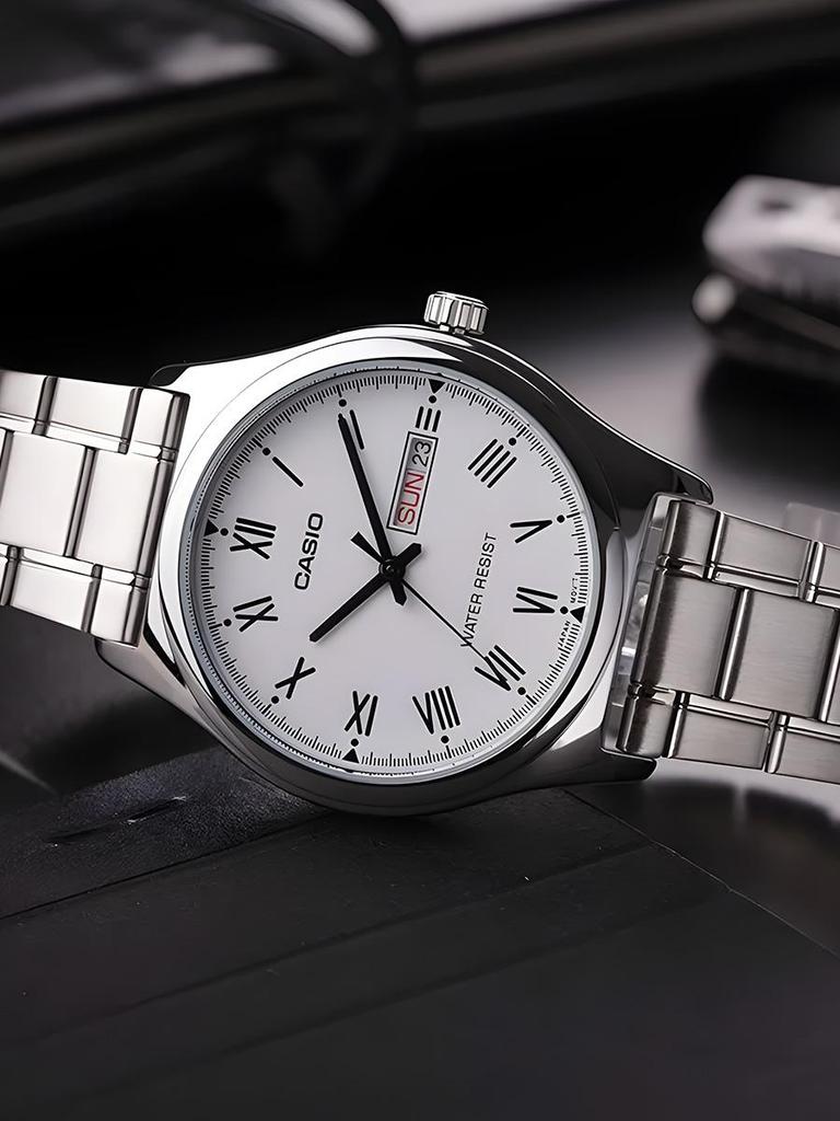 Casio Stainless Steel Strap, White Dial, Men's Quartz Watch with Date MTP-V006D-7B