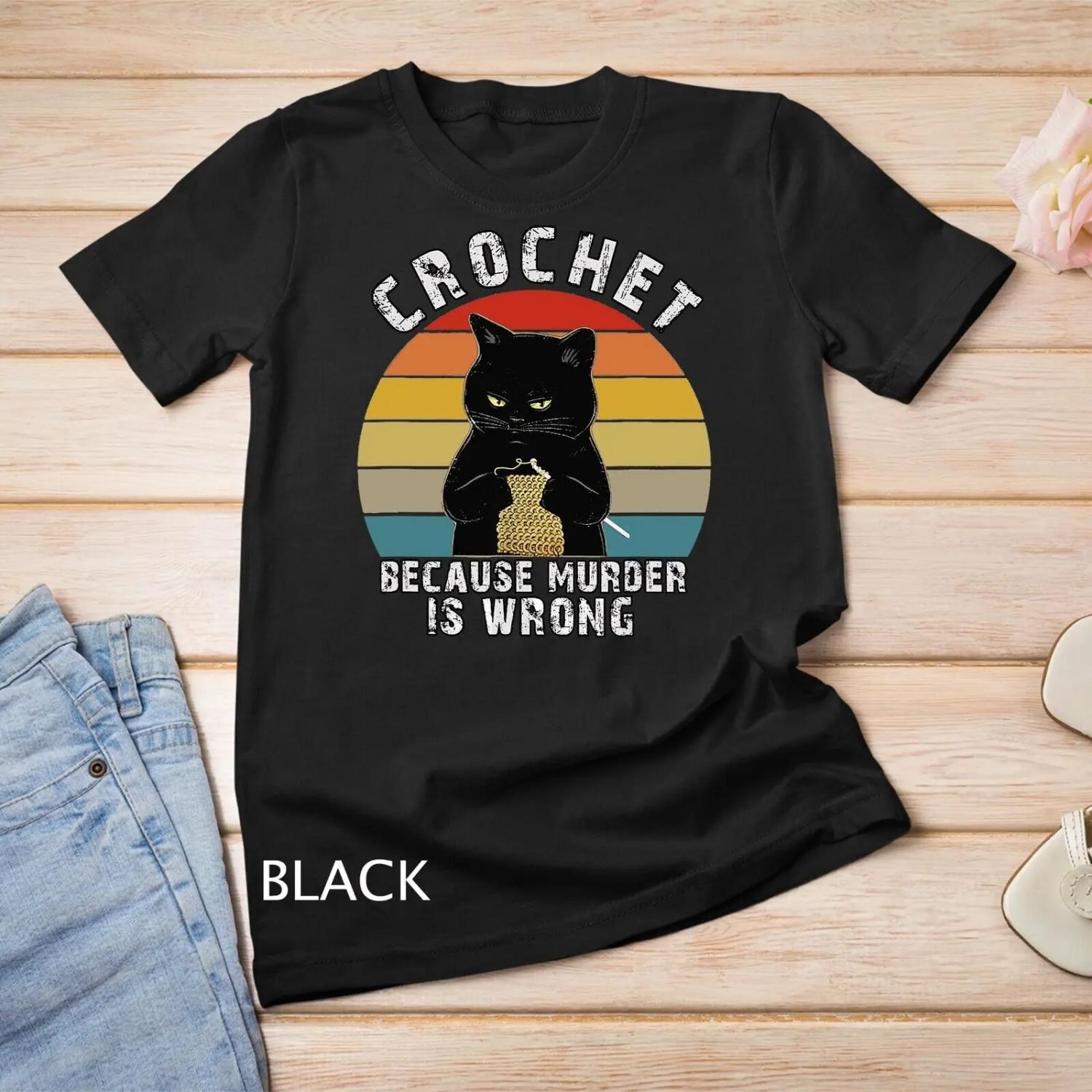 Crochet Because Murder is Wrong Funny Cat vintage T Shirt S
