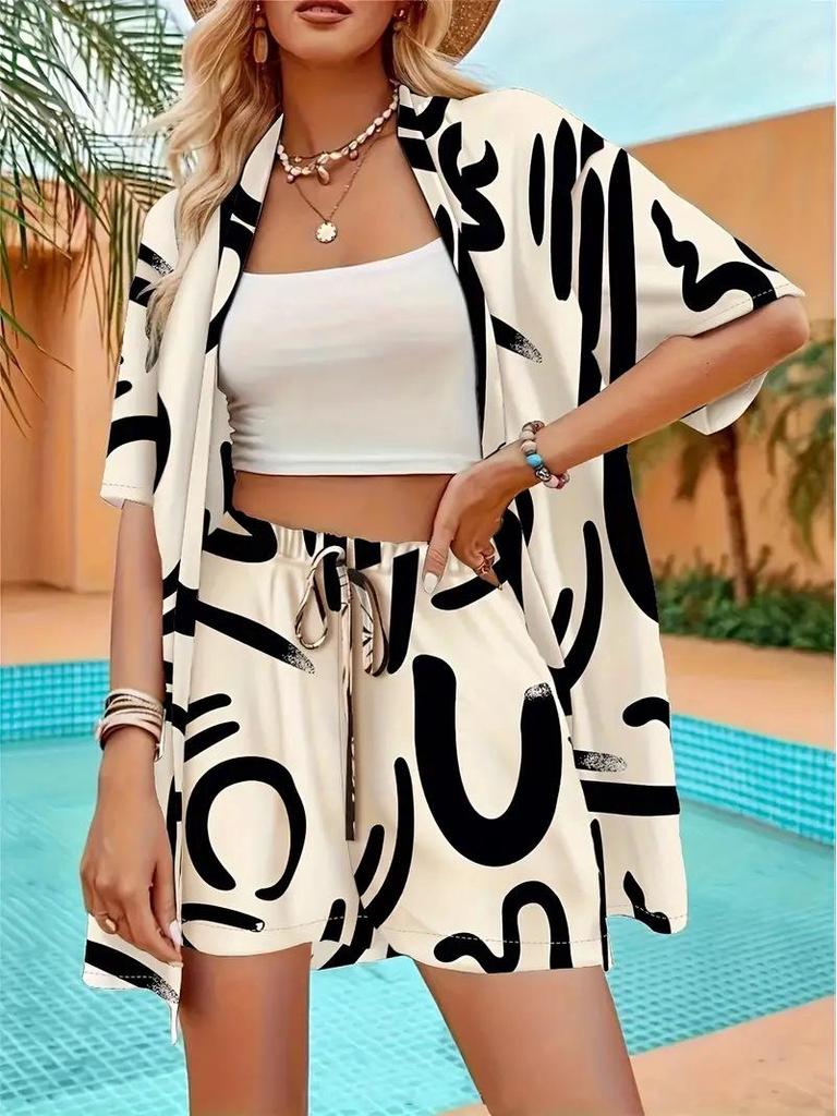 2025 Cross-Border Hot-Selling Elegant Vacation Print Two-Piece Set: Short Sleeve Shirt & High-Waist Tie Shorts