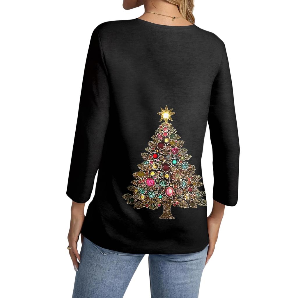 Women's Casual Fashionable Sexy Comfortable V-Neck Christmas Three-Quarter Sleeve Top