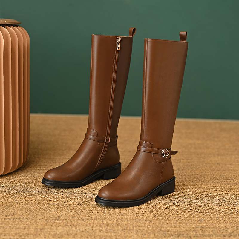 Krazing Pot Piele de vaca Pantofi Toamna Iarna Toc Mediu Gros Marime 45 Marime 44 Piele Incrucisata Femei Mentine Caldura Cizme inalte pe coapsa