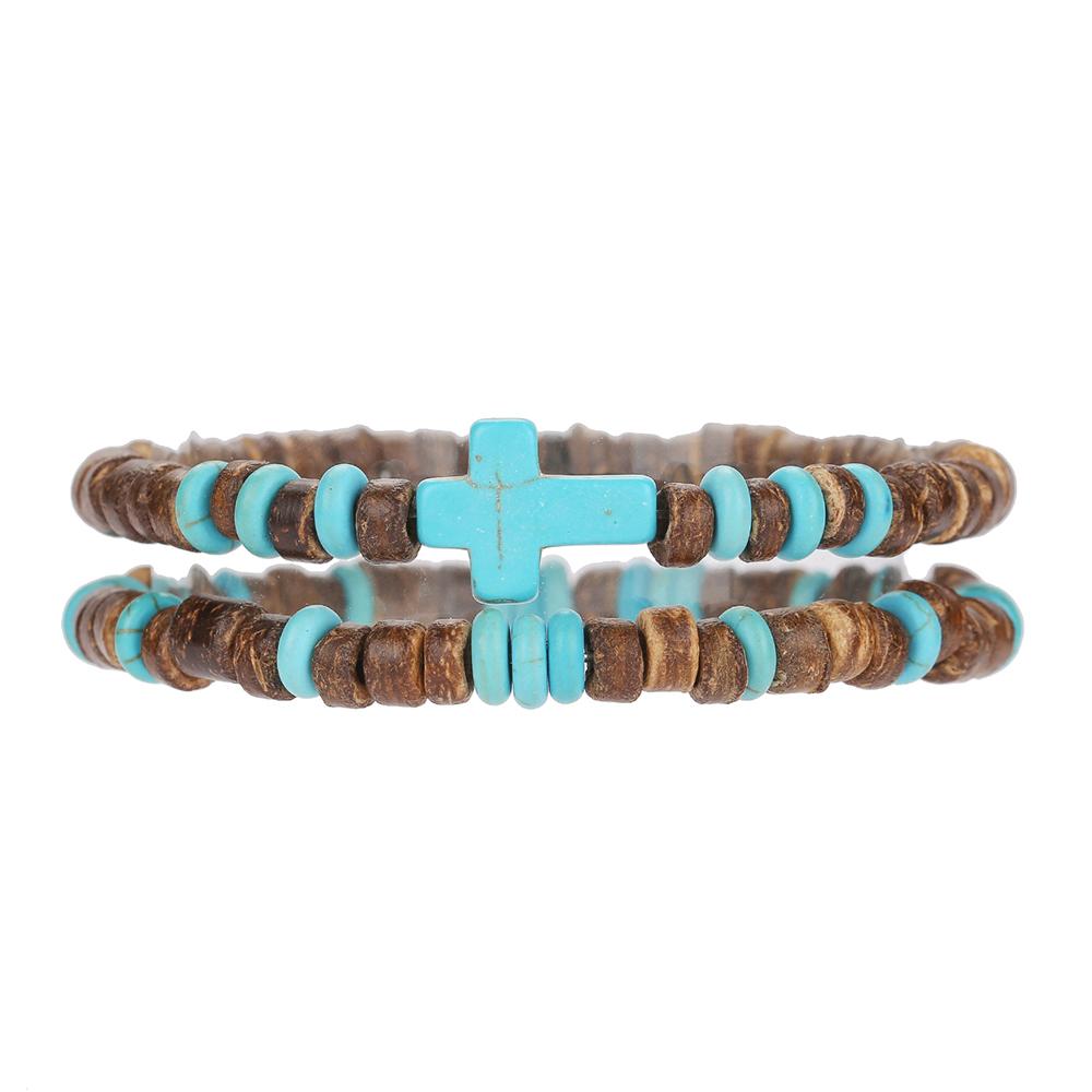 

Summer Hot Sale Vacation Style Turquoise Cross Bracelet Women Boho Multi-Layer Stackable Wooden Bead Coconut Shell Bracelet Coup