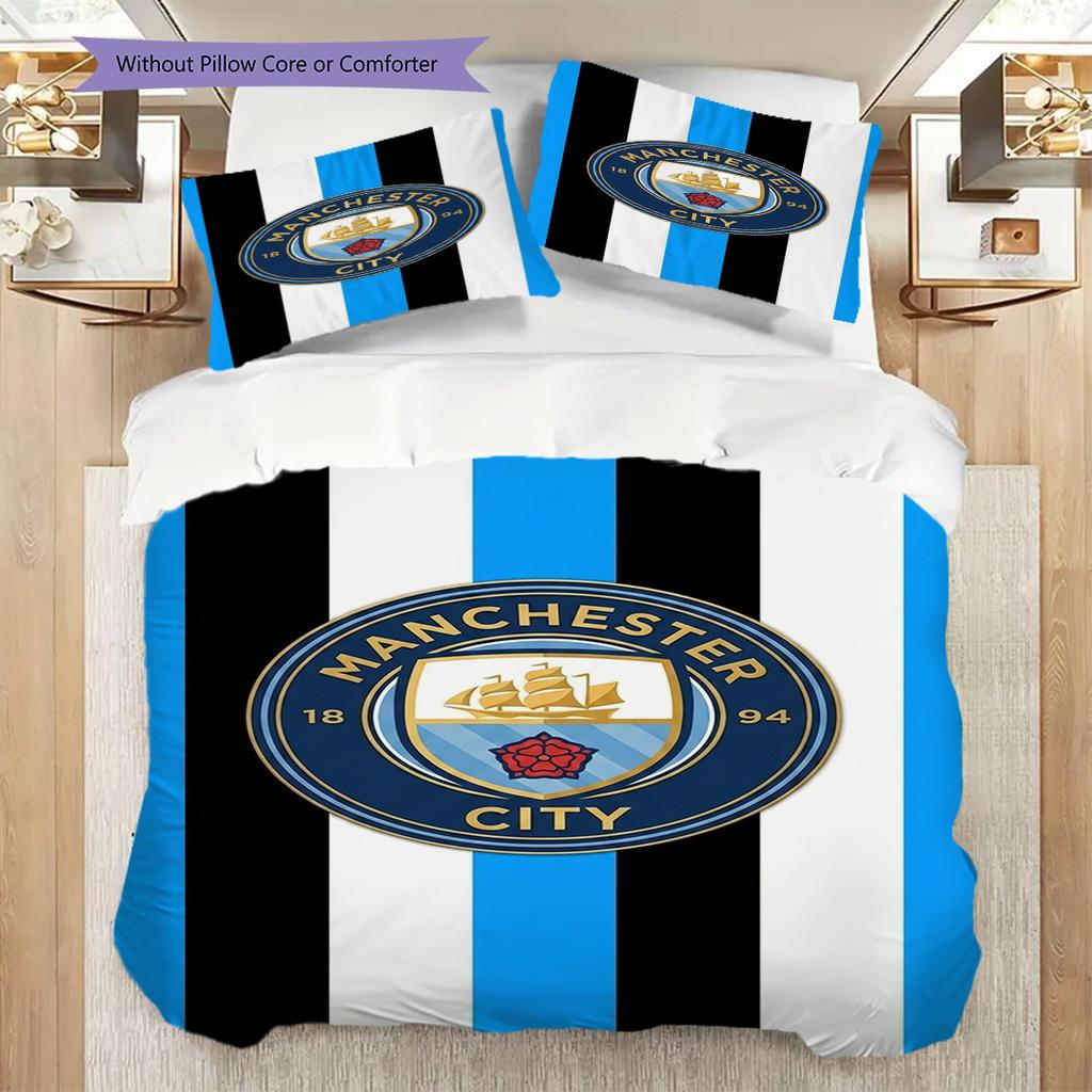 Manchester City Emblem Three-piece Set (1 * Duvet Cover + 2 * Pillowcase, Without Core) 2DFlat Duvet Cover and Pillowcase Christmas Birthday Gift