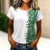 Women Casual Short Sleeve T Shirt Round Neck Button Detail Leopard Print Patchwork Top Lightweight Soft Fabric