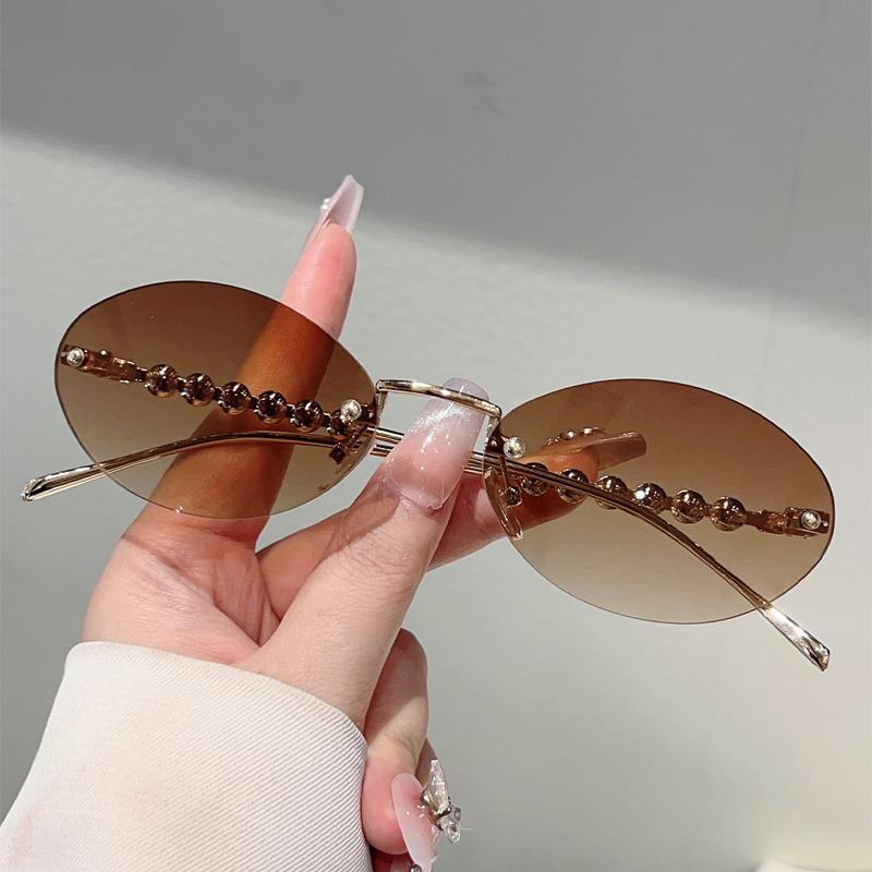 Rimless Oval Sunglasses with Pearls Women Stylish Vintage Decor Shades New Trendy Luxury Brand Design Casual Sun Glasses