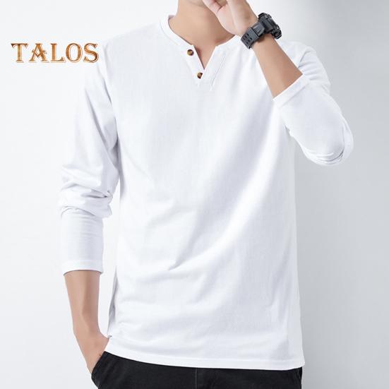 Men Fall Spring Top Buttoned V Neck Long Sleeves Pure Color Loose Pullover T-shirt Daily Wear Sport Homewear Clothes