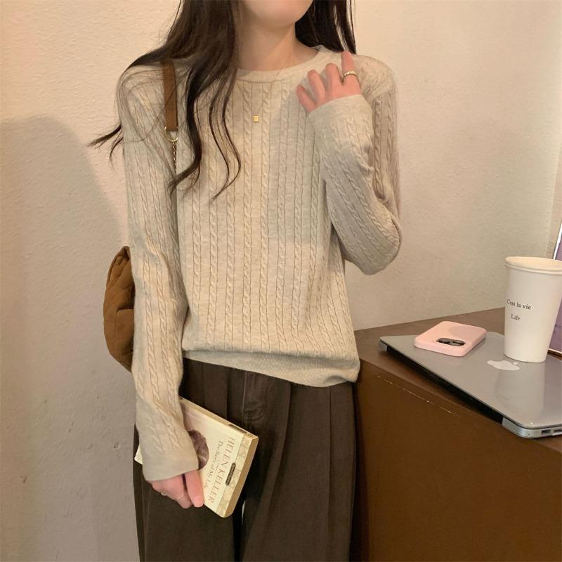 Crew Neck Knitted Top Women's Spring Soft Waxy Versatile Sweater Fashionable Twist Design Inner Bottoming Shirt