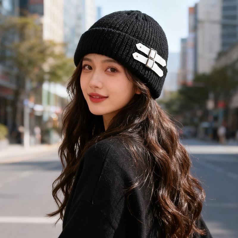American Leather Buckle Knitted Cold Hat for Men and Women In Autumn and Winter Small Versatile Wool Hat Warm and Cold Hat