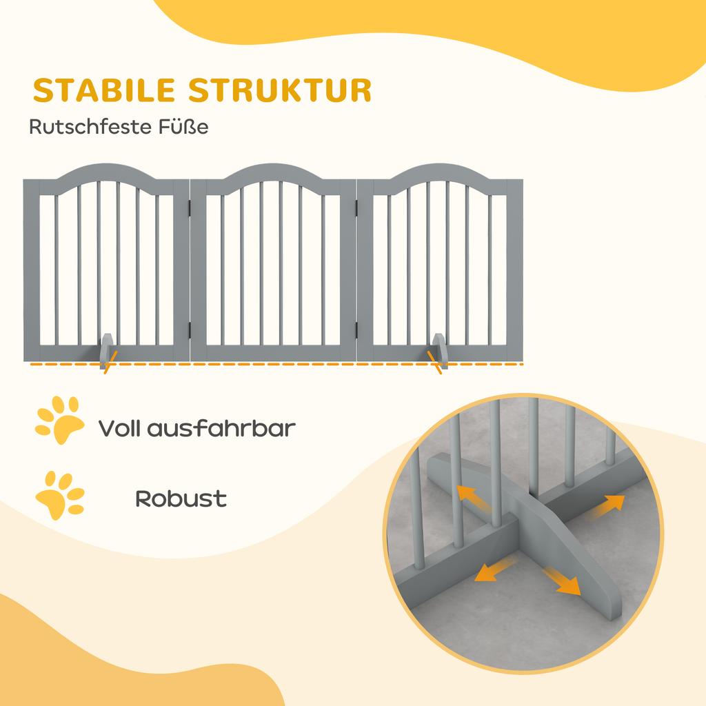 3 Panels Dog Gate W/ Support Feet Fence Safety Barrier Freestanding Wood Light Grey